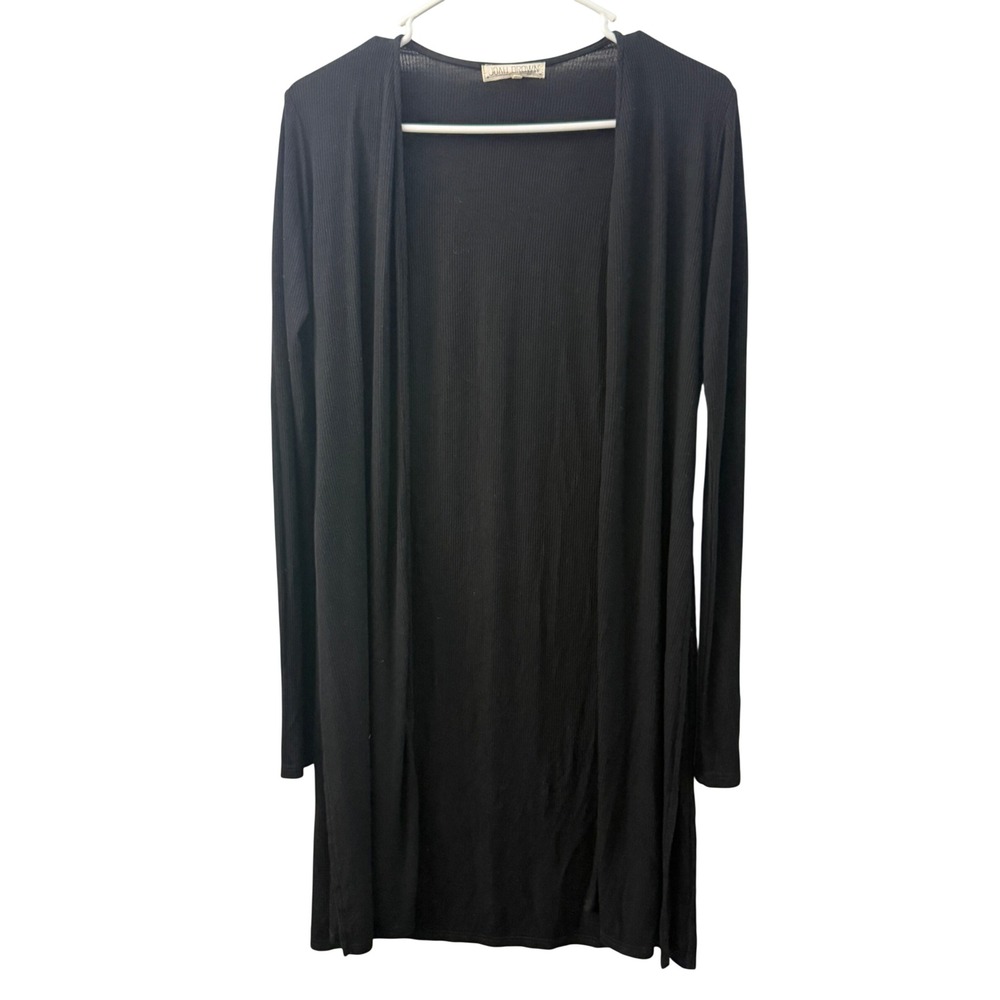Joah Brown Black Ribbed Open Front Long Cardigan Side Slit S/M Made in USA